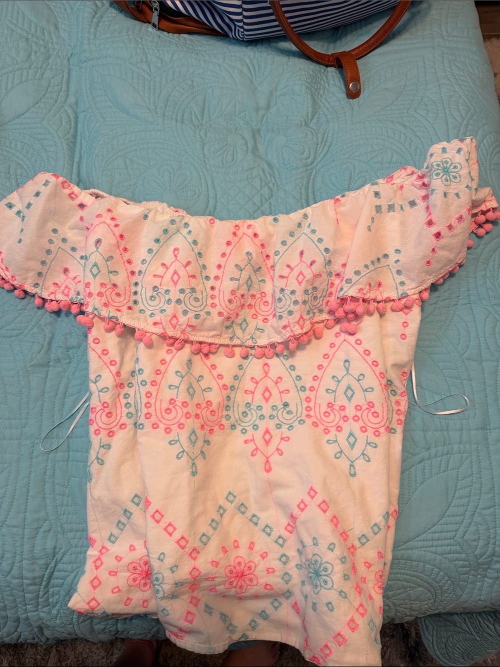 Crown&Ivy White Off-Shoulder Top Pink & Teal Print
